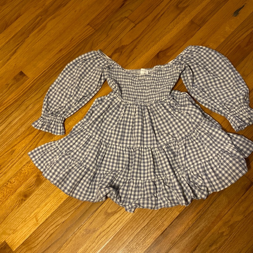 Blue and white checked off the shoulder dress